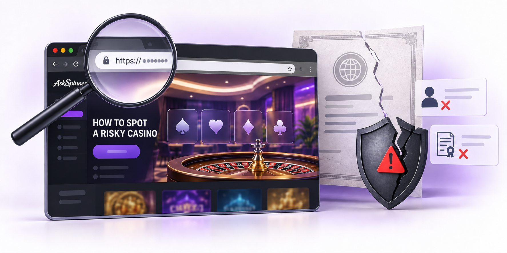 A magnifying glass checks a casino website address beside a cracked certificate and security warning.