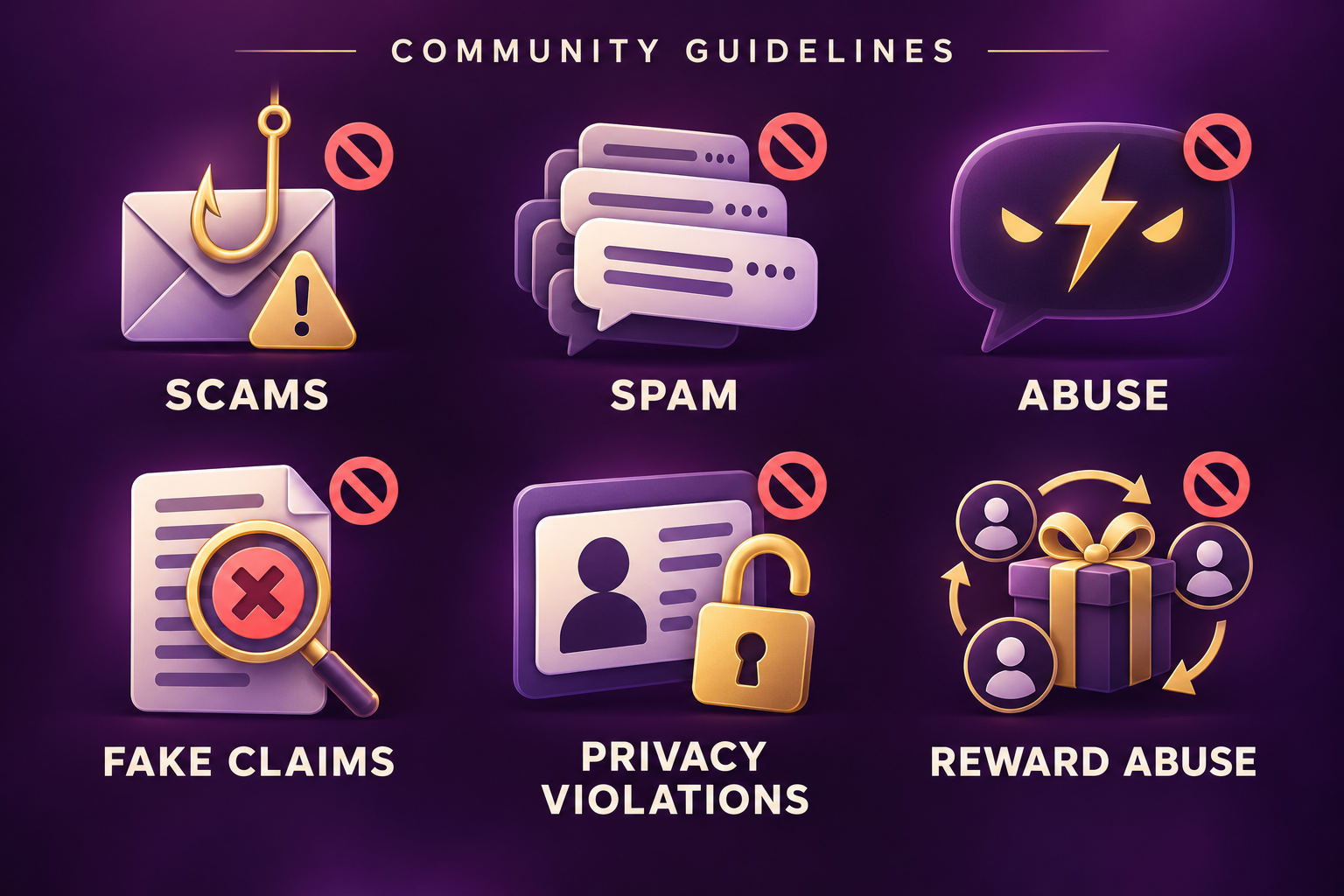 Community guidelines: no scams, spam, abuse, fake claims, privacy violations, or reward abuse.