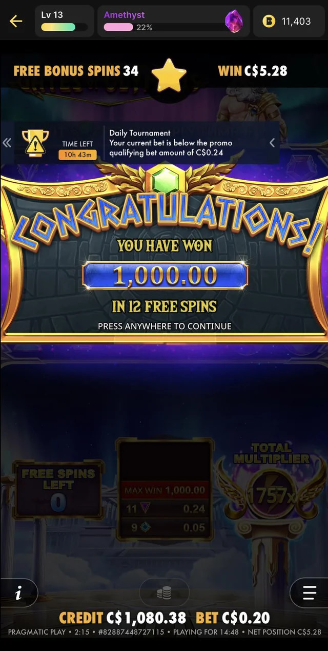 My First $1,000 Win on Gates of Olympus