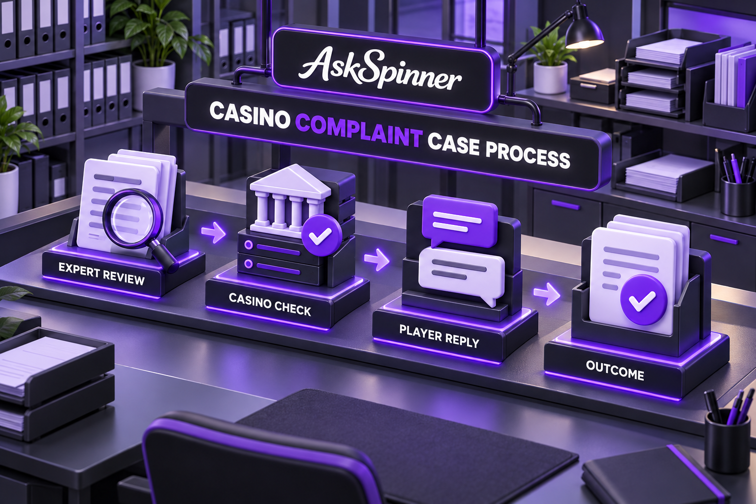 Casino complaint process showing expert review, casino response and player reply.