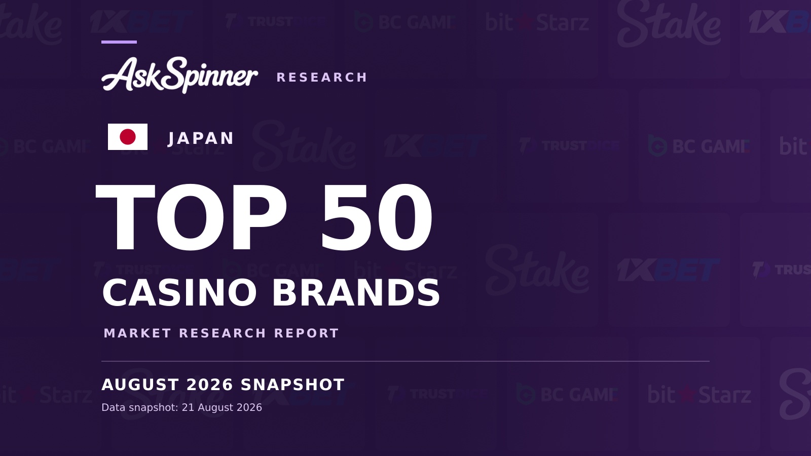 AskSpinner Japan Top 50 casino brands market research report, August 2026 historical snapshot. AskSpinner Japan Top 50 casino brands market research report, August 2026 historical snapshot.