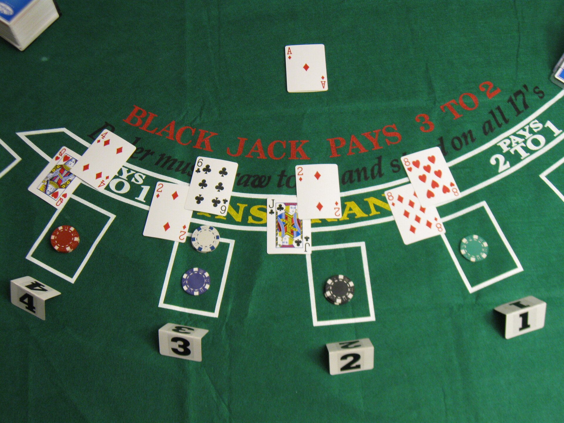 Blackjack table in play with cards and chips on green felt — illustrative casino scene