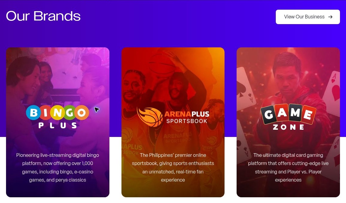DigiPlus website showing BingoPlus, ArenaPlus and GameZone brand cards