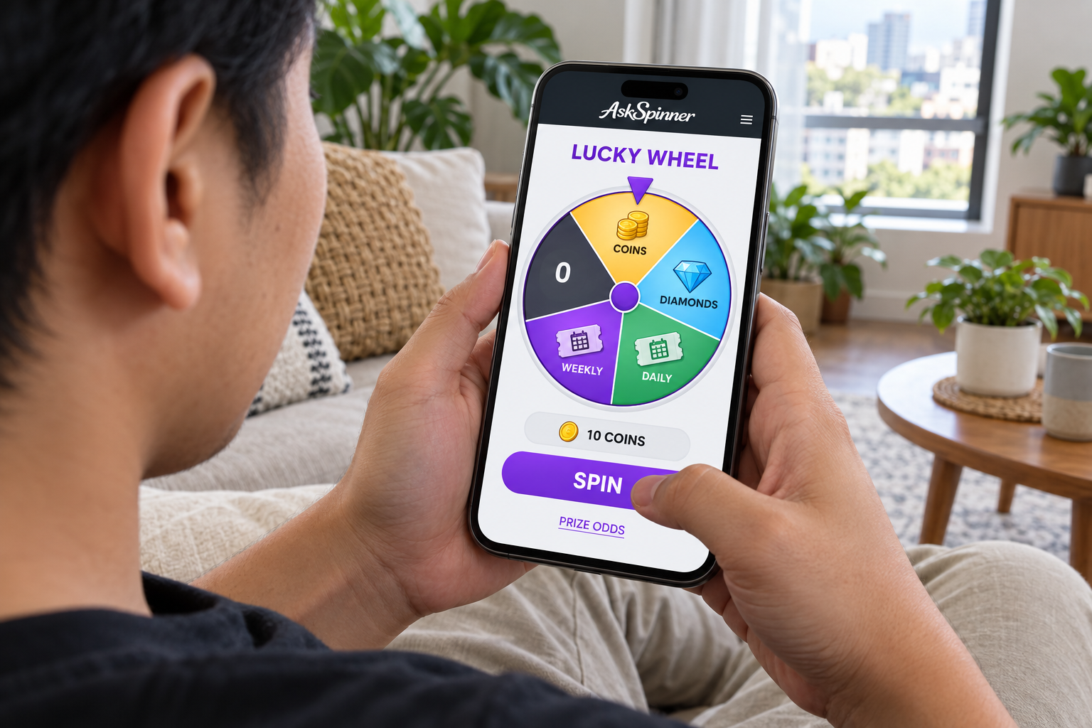 Viewing AskSpinner Lucky Wheel and its coin cost on a phone.