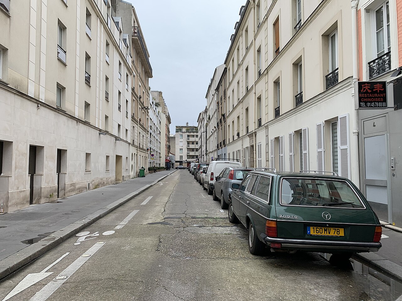 Quiet residential street lined with cream-coloured apartment buildings and parked cars in Paris, France