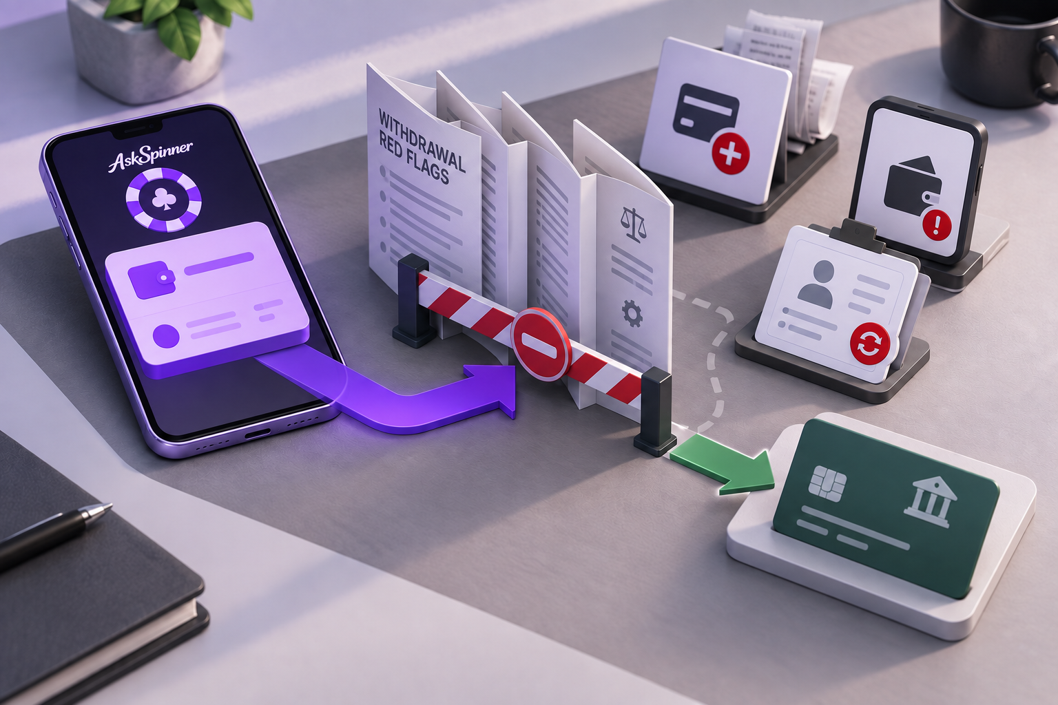 A casino withdrawal is blocked by warning signs for payment rules and identity verification.