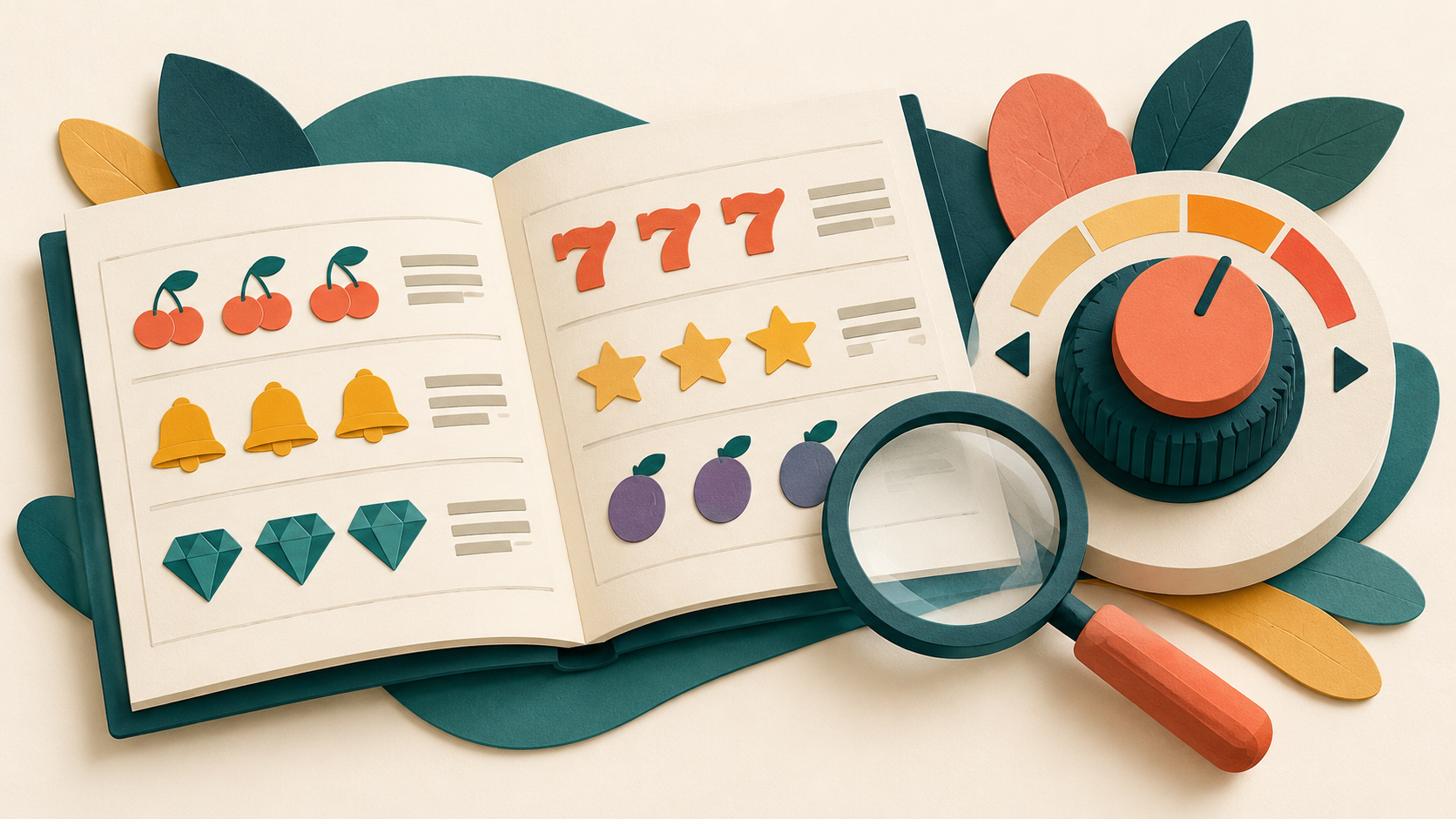A symbol reference booklet and control dial illustrate bets and paytables.